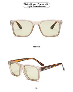 Matte tea square sunglasses with pale green lenses and arrow detail on tortoiseshell arms