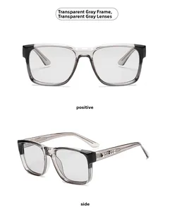 Detailed front and side views of transparent grey square frame sunglasses with metal accents