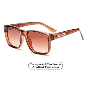 Classic square sunglasses with transparent tea frames and gradient lenses from 45-degree angle