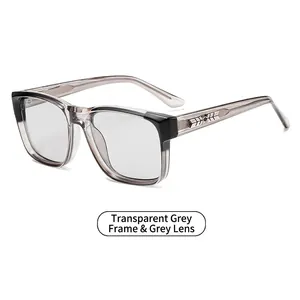 Classic transparent gray square sunglasses with decorative metal arrow on 45-degree angle