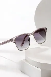 Detail of gradient purple lenses and silver metal nose bridge on stylish square sunglasses