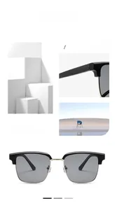 Detail of square semi-rimless sunglasses with black top frame and silver metal bridge