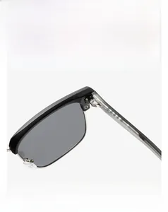 Close-up of metal hinge structure and clear nose pads on stylish square black sunglasses