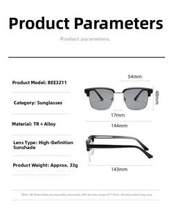 Technical drawing showing square sunglasses dimensions including 54mm lens width and frame size