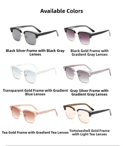 Macro display of retro semi-rimless sunglasses in six diverse color frame combinations