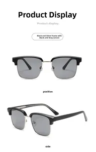 Detail view of semi-rimless square sunglasses with black silver frame and grey lenses