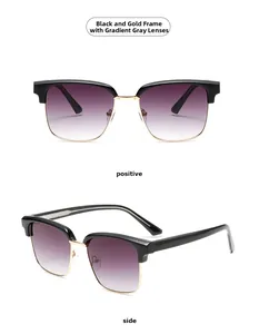 Detail view of half-frame sunglasses with black gold frame and grey gradient lenses