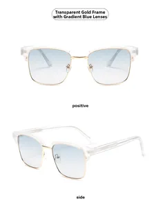 Detail view of semi-rimless sunglasses with transparent gold frames and blue gradient lenses