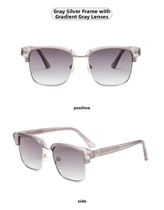 Close-up of semi-rimless square sunglasses with grey transparent frame and metal detail