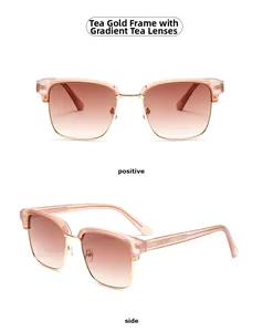 Detail view showing the rose gold metal frame and gradient brown lenses of these sunglasses