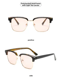 Detail view of semi-rimless square sunglasses with tortoise frame and gold metal accents