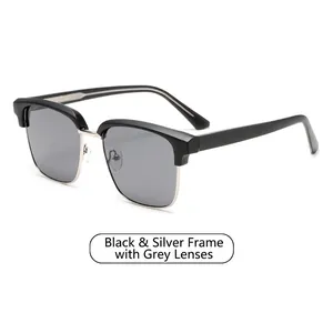 Classic half-frame square sunglasses with black-silver frame and dark grey lenses
