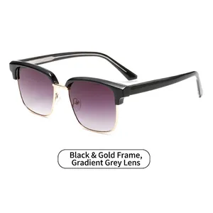 Classic retro square sunglasses with black and gold frame and gradient gray lenses