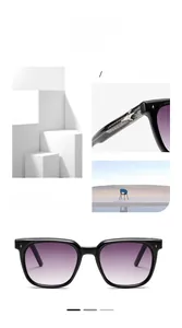 Macro detail of square sunglasses featuring black frames and silver metal star accents
