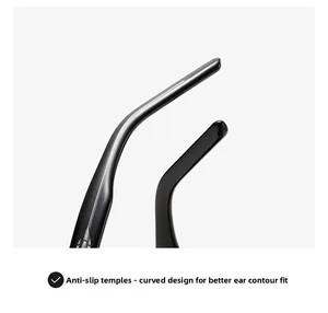 Detail of ergonomic non-slip black temple tips with curved lines for ear comfort