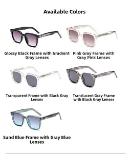 Detail view of square sunglasses in five colors featuring star-shaped metal temple accents