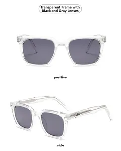 Detail view of square sunglasses with transparent frames and metal reinforced temples