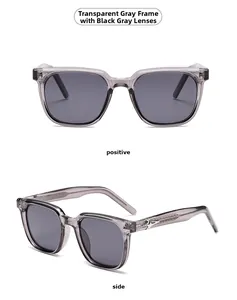 Detailed front and side view of transparent gray square sunglasses with star accents