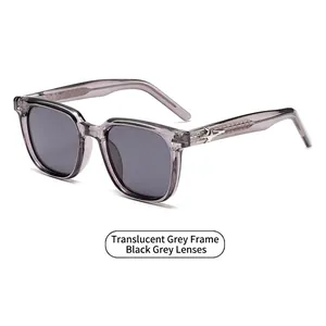 Square transparent gray sunglasses with black-gray lenses and silver star temple detail
