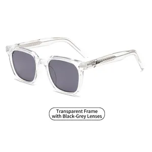 Classic square sunglasses with transparent frames and solid black grey lenses