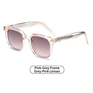 Fashionable square pink-grey sunglasses with gradient lenses and silver temple detail