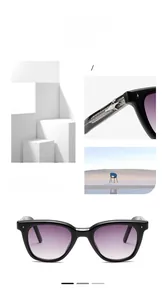 Detail of square black sunglasses with purple gradient lenses and silver star accents