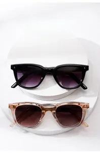 Detail of square sunglasses in black and amber colors on a white pedestal display