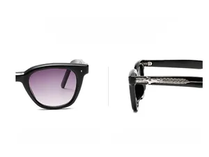 Detail of black frame sunglasses featuring purple gradient lenses and silver cross accents