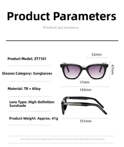 Detailed size specifications for square ZT7101 sunglasses with purple gradient lenses