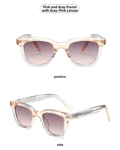 Close-up of pink-grey transparent square sunglasses with metal star temple detail