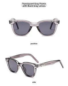 Macro view showing positive and side perspectives of transparent gray square sunglasses