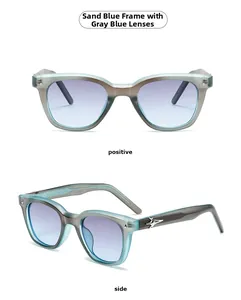 Front and side views of matte blue sunglasses with grey-blue gradient lenses and star accents