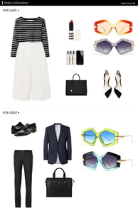 Fashion collocation showing geometric sunglasses in orange and green with stylish outfits
