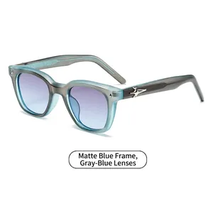 Classic square sunglasses with matte blue frames and gradient grey lenses for men