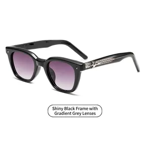 Classic black square frame sunglasses with gradient grey lenses and star metal accents
