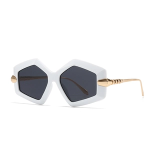 Chic white hexagonal oversized sunglasses with dark lenses and gold metal temples