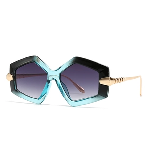 Fashion oversized square sunglasses with blue gradient frames and golden metal temples