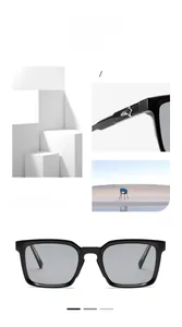 Détail de lunettes de soleil carrées noires avec charnières métalliques et texture de monture