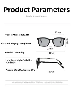 Spécifications de taille pour lunettes de soleil carrées avec mesures de la monture