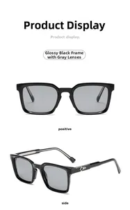 Vues frontale et latérale de lunettes de soleil carrées noir brillant avec verres gris
