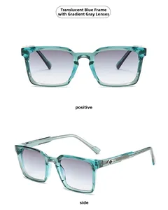 Détail des lunettes de soleil carrées bleu transparent avec verres gris dégradés et décor métal