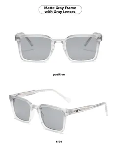 Vues de face et de profil de lunettes de soleil carrées gris mat avec détails en métal
