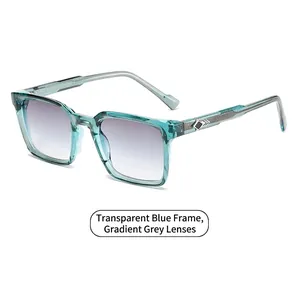 Lunettes de soleil carrées bleues transparentes avec verres gris dégradés de profil