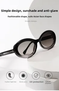 Detail view of black oval sunglasses showing woven texture on temples and gradient lenses