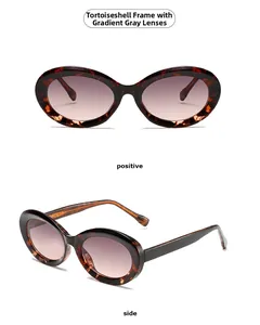 Detail view of tortoiseshell sunglasses with gradient gray lenses from front and side angles