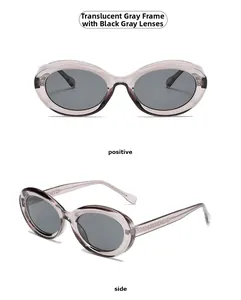 Detailed front and side views of transparent grey square sunglasses with dark grey lenses