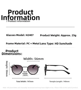 Detailed size chart for retro sunglasses showing frame dimensions and weight parameters