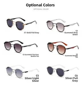 Detailed grid of vintage round metal sunglasses in six diverse frame and lens colors