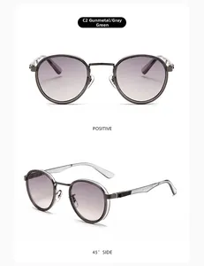Detailed front and side views of gunmetal round sunglasses with gray-green gradient lenses