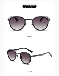 Detailed front and side views of gunmetal round retro sunglasses with gradient lenses